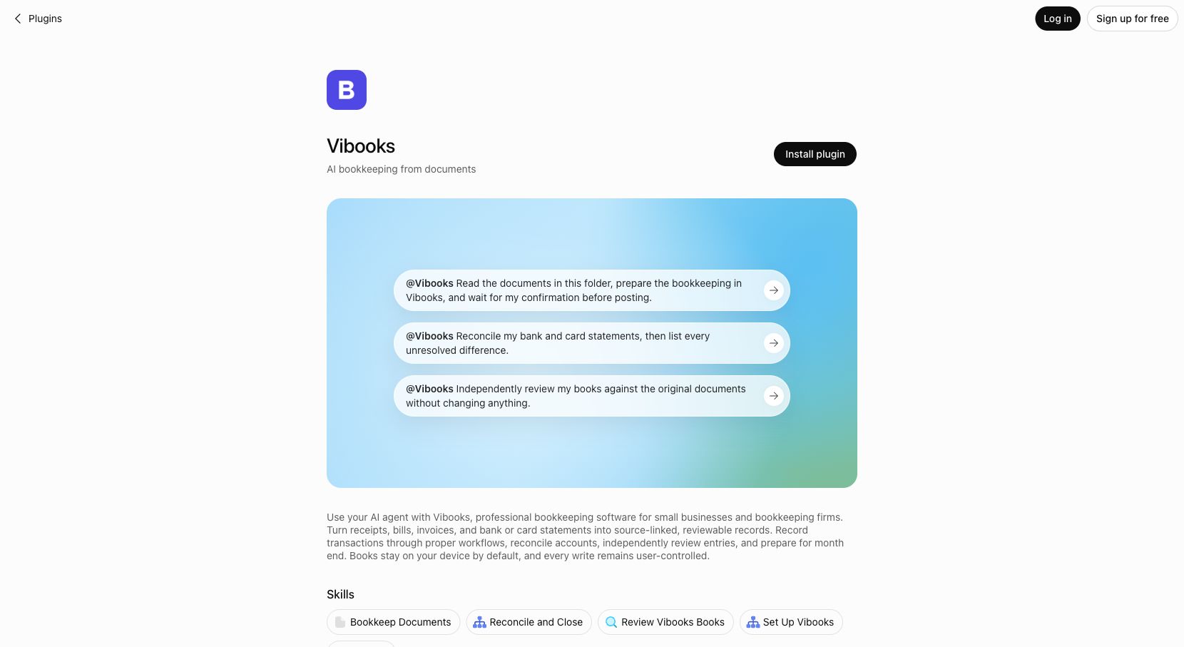 The official Vibooks plugin page in ChatGPT, showing the Install plugin button, example prompts, and Vibooks skills.